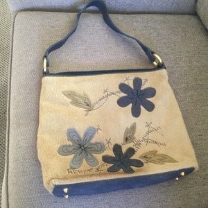 Preston and York Calf fur with suede flower appliqué decorative stitching